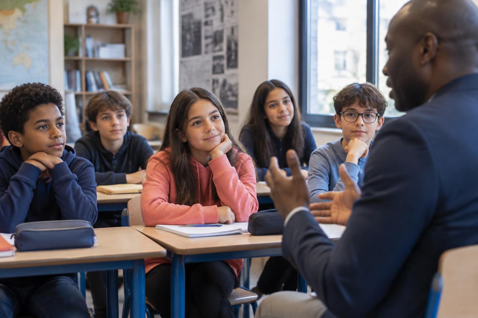 Illustration de collégiens écoutant le récit d'un professionnel en classe